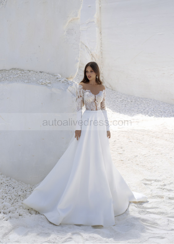 Long Sleeves Beaded Ivory Lace Satin Fashion Wedding Dress